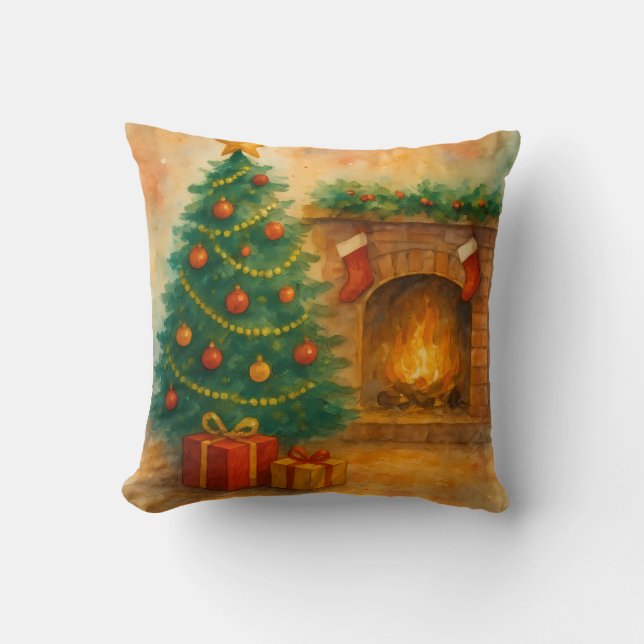 Watercolor Christmas Tree & Cozy Fireplace Holiday Kissen (Vorderseite)