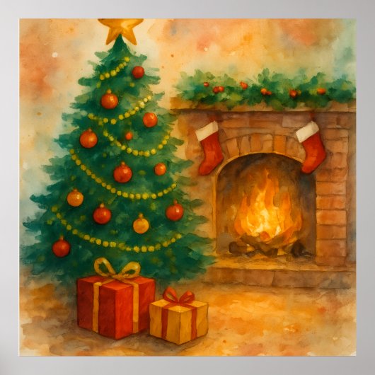 Watercolor Christmas Tree & Cozy Fireplace Holiday Poster (Vorne)