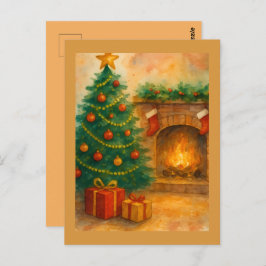 Watercolor Christmas Tree & Cozy Fireplace Holiday Postkarte