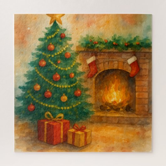 Watercolor Christmas Tree & Cozy Fireplace Holiday Puzzle (Vertikal)