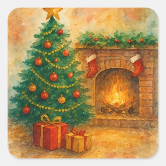 Watercolor Christmas Tree & Cozy Fireplace Holiday Quadratischer Aufkleber (Vorderseite)