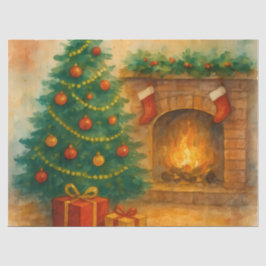 Watercolor Christmas Tree & Cozy Fireplace Holiday Seidenpapier