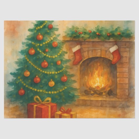 Watercolor Christmas Tree & Cozy Fireplace Holiday Seidenpapier (Vorderseite)