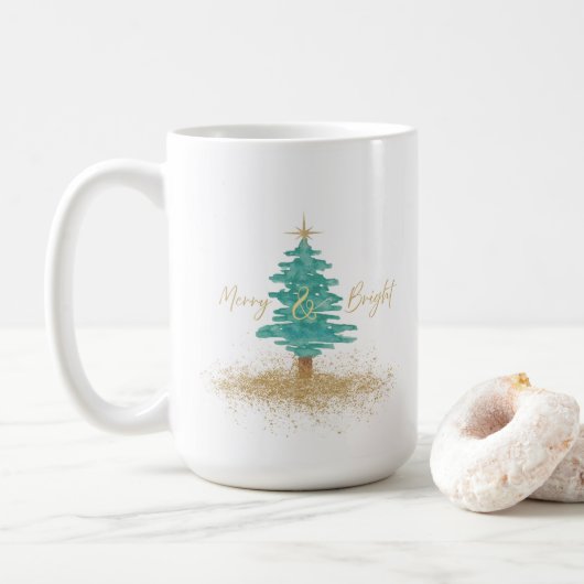 Watercolor Christmas Tree "Merry & Bright" Holiday Kaffeetasse (Mit Donut)