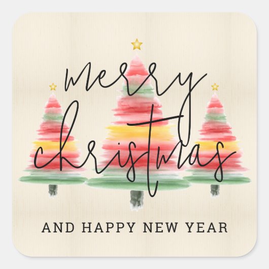 Watercolor Christmas Trees Quadratischer Aufkleber (Vorderseite)