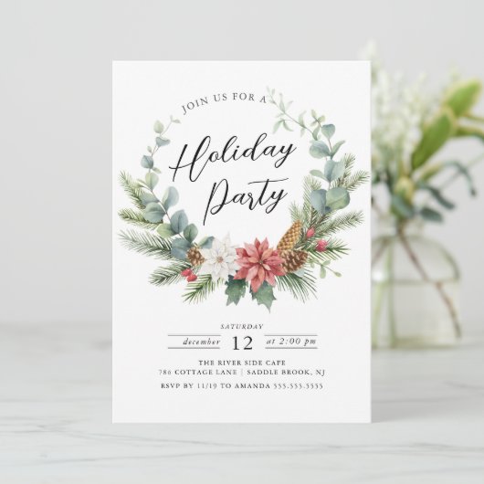 Watercolor Christmas Wreath Holiday Party Einladung (Stehend Vorderseite)