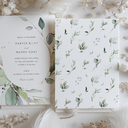 Watercolor Circle Green Gold Foliage Hochzeit Einladung