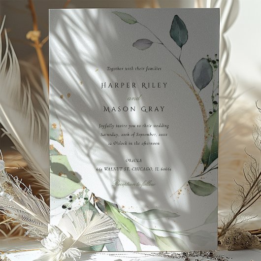 Watercolor Circle Green Gold Foliage Hochzeit Einladung
