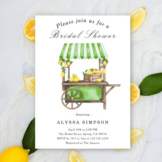 Watercolor Citrus Lemon Cart Bridal Shower Einladung
