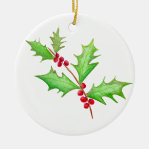 Watercolor Classic Christmas Holly Keramik Ornament
