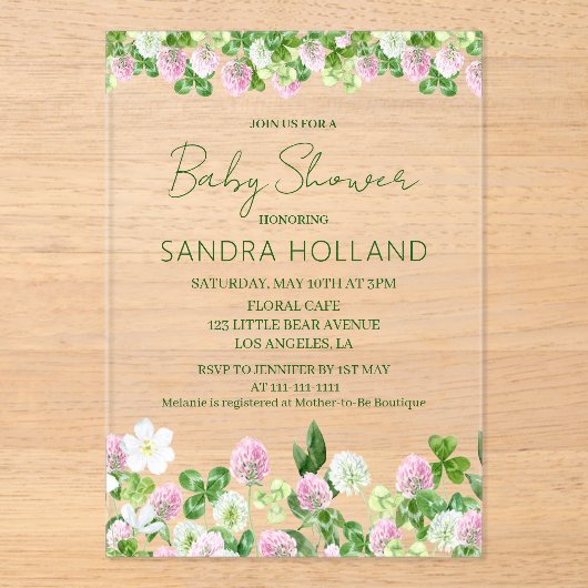 Watercolor Clover Meadow Baby Shower Acryleinladungen (Vorderseite)