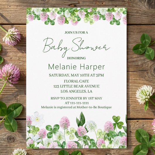 Watercolor Clover Meadow Baby Shower Einladung
