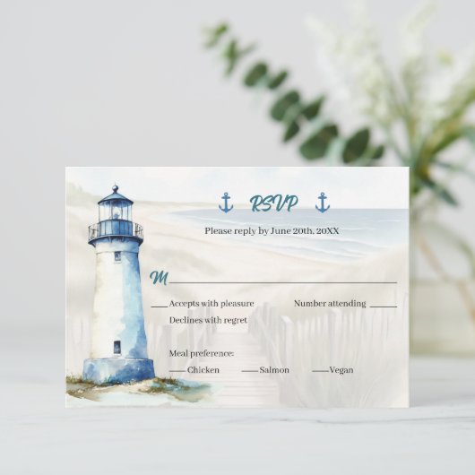 Watercolor Coastal New England Wedding RSVP Reply Einladung (Stehend Vorderseite)