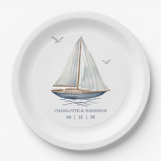 Watercolor Coastal Seascape Wedding Pappteller (Vorderseite)