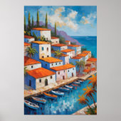 Watercolor Coastal Village sailboat Poster (Vorne)