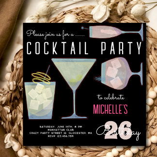 Watercolor Cocktail Geburtstagsparty schwarz Einladung