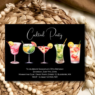 Watercolor Cocktail Geburtstagsparty schwarz Einladung