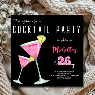 Watercolor Cocktail Geburtstagsparty schwarz Einladung