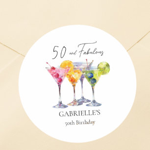 Watercolor Cocktail Martini Happy 50. Geburtstag Runder Aufkleber