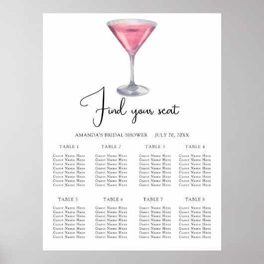 Watercolor Cocktail Wedding seating chart Poster (Vorne)