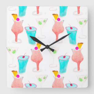 Watercolor Cocktails Drink Pattern Bartender Quadratische Wanduhr