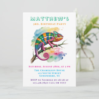 Watercolor Colorful Chameleon Birthday Party Einladung