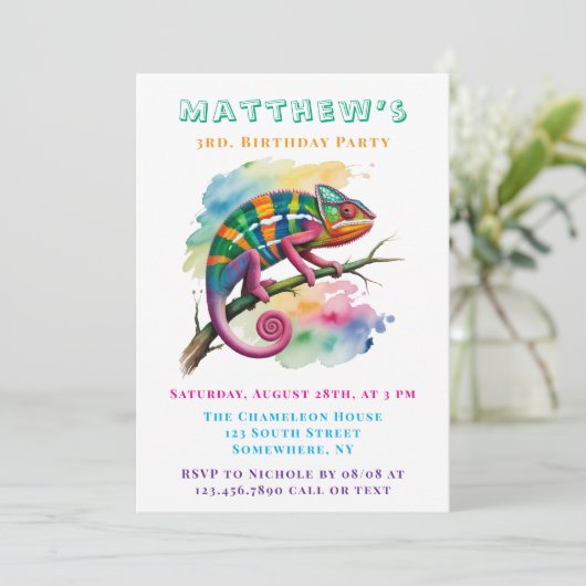 Watercolor Colorful Chameleon Birthday Party Einladung (Stehend Vorderseite)