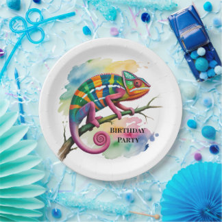 Watercolor Colorful Chameleon Birthday Party Pappteller