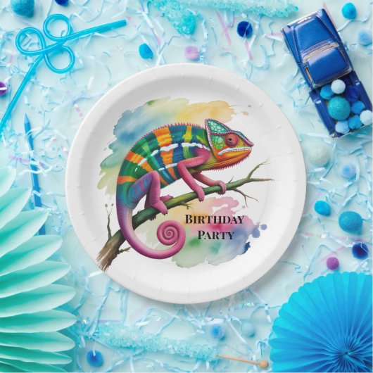Watercolor Colorful Chameleon Birthday Party Pappteller (Party)