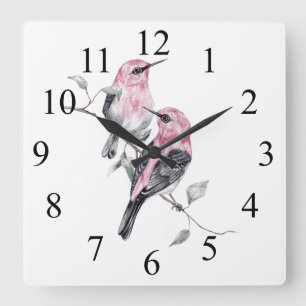 Watercolor Colorful Pink and Black Birds on Branch Quadratische Wanduhr