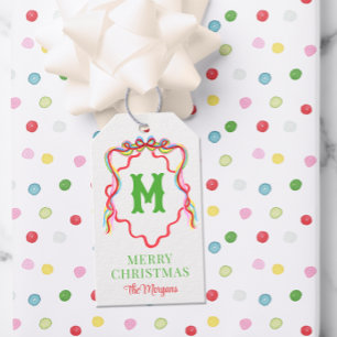 Watercolor Confetti Christmas Trees Monogram Wappe Geschenkanhänger