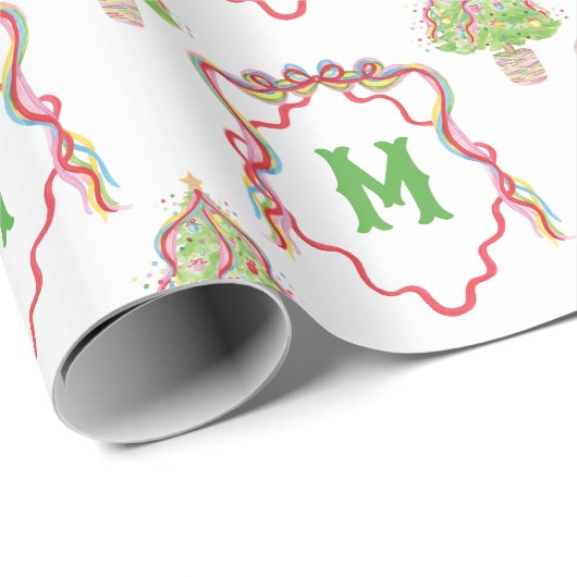 Watercolor Confetti Christmas Trees Monogram Wappe Geschenkpapier (Rolleneckpunkt)
