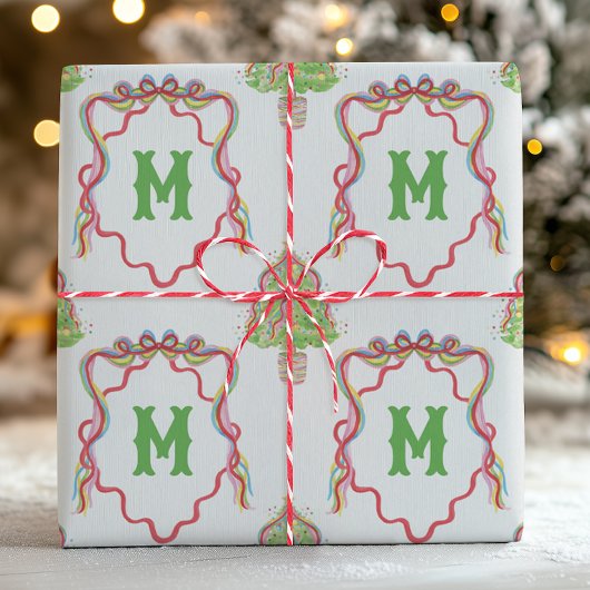 Watercolor Confetti Christmas Trees Monogram Wappe Geschenkpapier