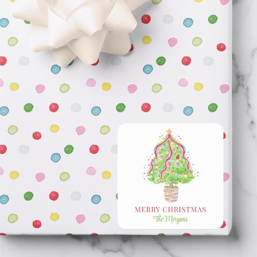 Watercolor Confetti Weihnachtsbaum Quadratischer Aufkleber