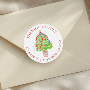 Watercolor Confetti Weihnachtsbaum Rücksendeadress Runder Aufkleber