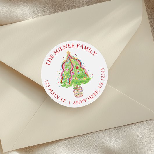 Watercolor Confetti Weihnachtsbaum Rücksendeadress Runder Aufkleber