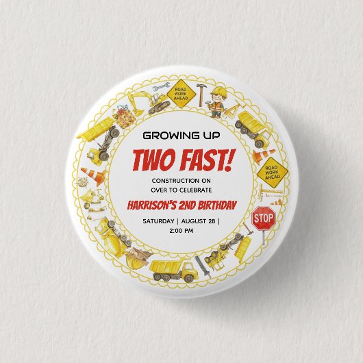 Watercolor Construction 2nd Birthday Party Button (Vorderseite)