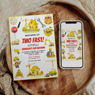 Watercolor Construction 2nd Birthday Party  Einladung