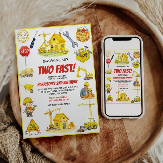 Watercolor Construction 2nd Birthday Party Einladung