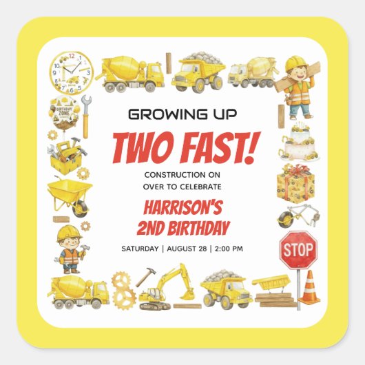 Watercolor Construction 2nd Birthday Party Quadratischer Aufkleber (Vorderseite)