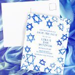 Watercolor Cool Blue Star von David Bar Bat Mitzva Ankündigungspostkarte<br><div class="desc">Perfekte Karte, um das bevorstehende Datum einer Fledermausmitzvah, Bar mitzvah oder anderen jüdischen Feier bekannt zu geben! Handgemachte Aquarellkunst für Sie auf der Vorder- und Rückseite! Vollständig anpassbar! Klicken Sie auf "Personalisieren" oben, um den Text zu bearbeiten. Klicken Sie auf "Bearbeiten mit dem Design-Tool", um die Schriftart, Farben und Platzierungen...</div>