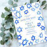 Watercolor Cool Blue Star von David Bar Bat Mitzva Save The Date<br><div class="desc">Perfekte Karte, um das bevorstehende Datum einer Fledermausmitzvah, Bar mitzvah oder anderen jüdischen Feier bekannt zu geben! Handgemachte Aquarellkunst für Sie auf der Vorder- und Rückseite! Vollständig anpassbar! Klicken Sie auf "Personalisieren" oben, um den Text zu bearbeiten. Klicken Sie auf "Bearbeiten mit dem Design-Tool", um die Schriftart, Farben und Platzierungen...</div>
