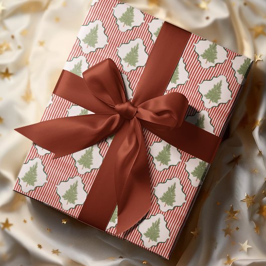 Watercolor Coquette Christmas Tree Striped Pattern Geschenkpapier