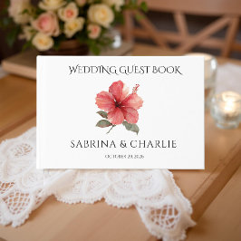 Watercolor Coral Red Hibiscus Tropical Wedding  Gästebuch