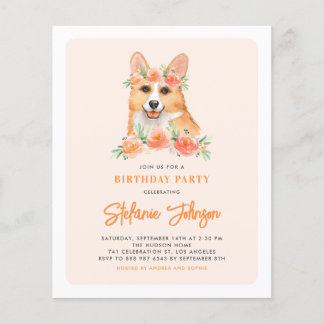 Watercolor Corgi Peach Birthday Party Invitation