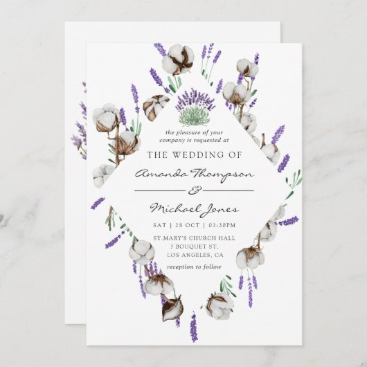 Watercolor Cotton Lavender Country Wedding Einladung (Vorne/Hinten)