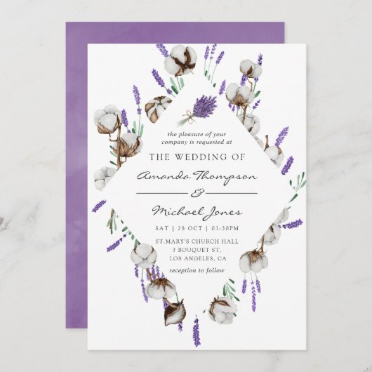 Watercolor Cotton Lavender Country Wedding Einladung (Vorne/Hinten)