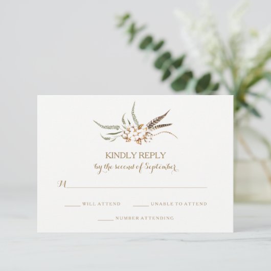 Watercolor Cotton Wreath Feather Wedding RSVP Card (Stehend Vorderseite)