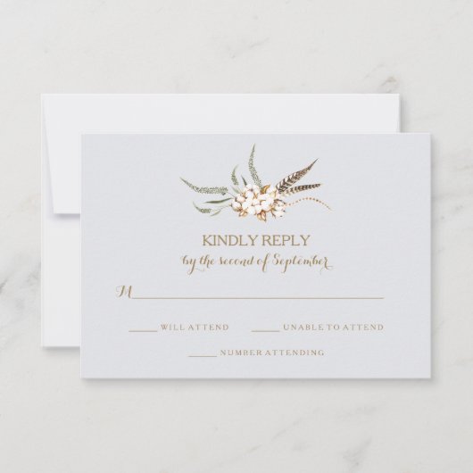 Watercolor Cotton Wreath Feather Wedding RSVP Card (Vorderseite)