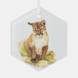 Watercolor Cougar Kitten Wildlife Art Ornament Aus Glas